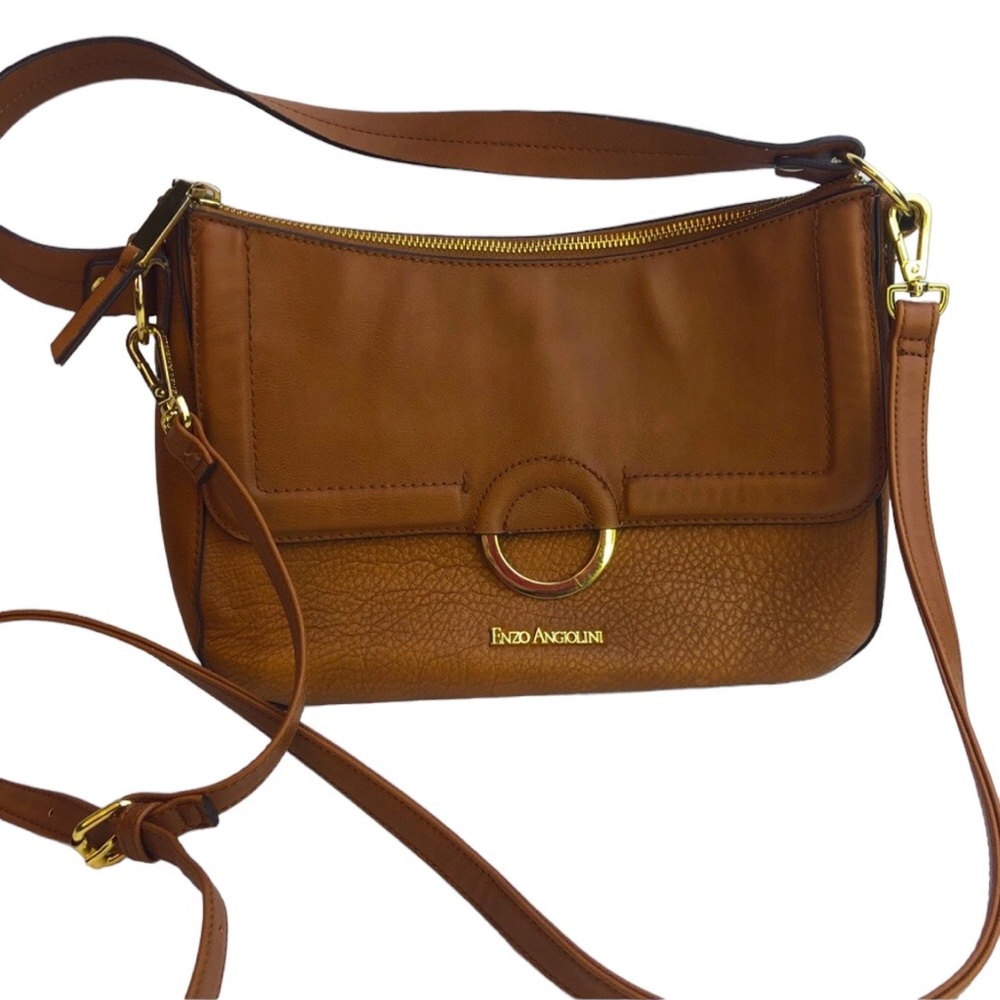Enzo Angiolini Camel Pebbled Vegan Leather Crossbody Handbag Purse 11 inch